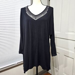 Lane Bryant Embellished Slit Sleeves Swing Long-Sleeve V-Neck Top